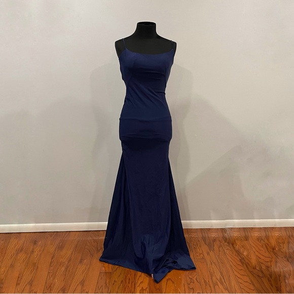 La Femme 30458 Navy Trumpet Gown Jersey 6 - Picture 3 of 7